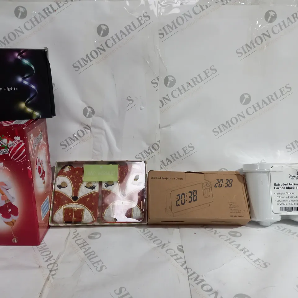 BOX OF APPROXIMATELY 15 ASSORTED ITEMS TO INCLUDE - MERRY CHRISTMAS SANTA - LED PROJECTION CLOCK - HAND WARMERS ECT