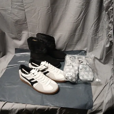 BOX OF APPROXIMATELY 20 ASSORTED PAIRS OF SHOES INCLUDING BLACK BOOTS, GREY SLIPPERS, WHITE TRAINERS ETC