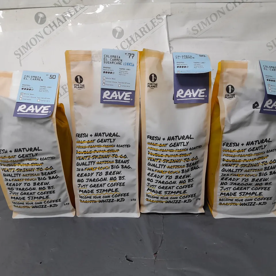 LOT OF 4 ASSORTED 1KG PACKS OF RAVE COFFEE