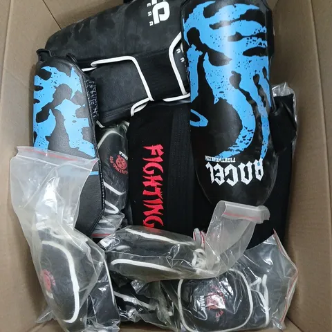 LARGE BOX OF ASSORTED FIGHTING GEAR TO INCLUDE PADS, SHORTS, AND UNIFORM ETC.