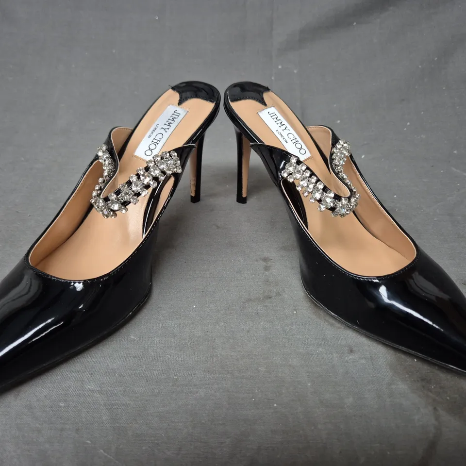 BOXED PAIR OF JIMMY CHOO POINTED TOE HEELED SHOES IN GLOSSY BLACK W. JEWEL EFFECT EU SIZE 38