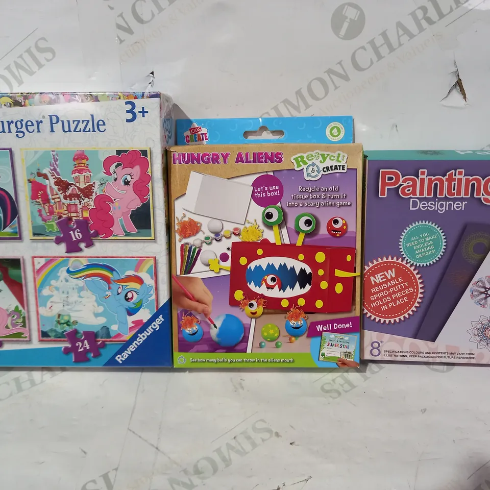 BOX OF APPROXIMATELY 15 ASSORTED TOYS AND GAMES TO INCLUDE PAINTING DESIGNER, HUNGRY ALIENS, MY LITTLE PONY 4-IN-1 RAVENSBURGER PUZZLE, ETC