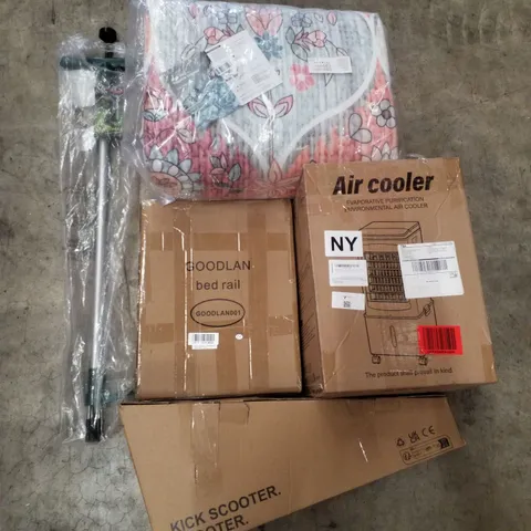PALLET CONTAINING ASSORTED PRODUCTS INCLUDING KICK SCOOTER, AIR COOLER, BED RAIL, WEED PULLER & AREA RUG