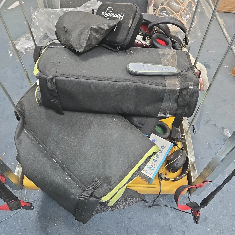 CAGE OF APPROXIMATELY 10 ASSORTED ELECTRICAL AND HOUSEHOLD ITEMS TO INCLUDE HOUSE OF MARLEY HEADPHONES, ETC - COLLECTION ONLY