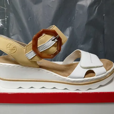 BOXED RIEKER BUCKLE WEDGE SANDALS IN WHITE/YELLOW - SIZE 42