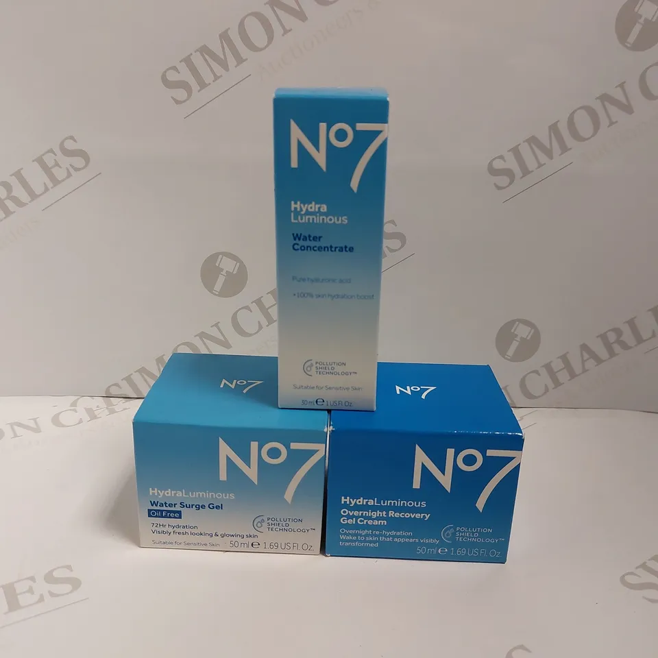BOX OF 3 NO.7 ITEMS TO INCLUDE HYDRALUMINOUS WATER CONCENTRATE, OVERNIGHT RECOVERY GEL CREAM, WATER SURGE GEL