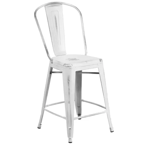 BOXED SET OF 4 FLASH FURNITURE DISTRESSED WHITE METAL INDOOR-OUTDOOR COUNTER HEIGHT BAR STOOLS 24"H - ET-3534-24-WH-GG