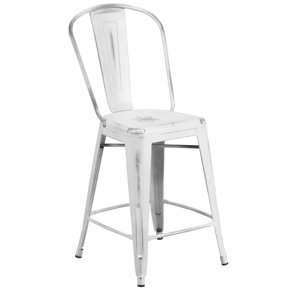 BOXED SET OF 4 FLASH FURNITURE DISTRESSED WHITE METAL INDOOR-OUTDOOR COUNTER HEIGHT BAR STOOLS 24"H - ET-3534-24-WH-GG