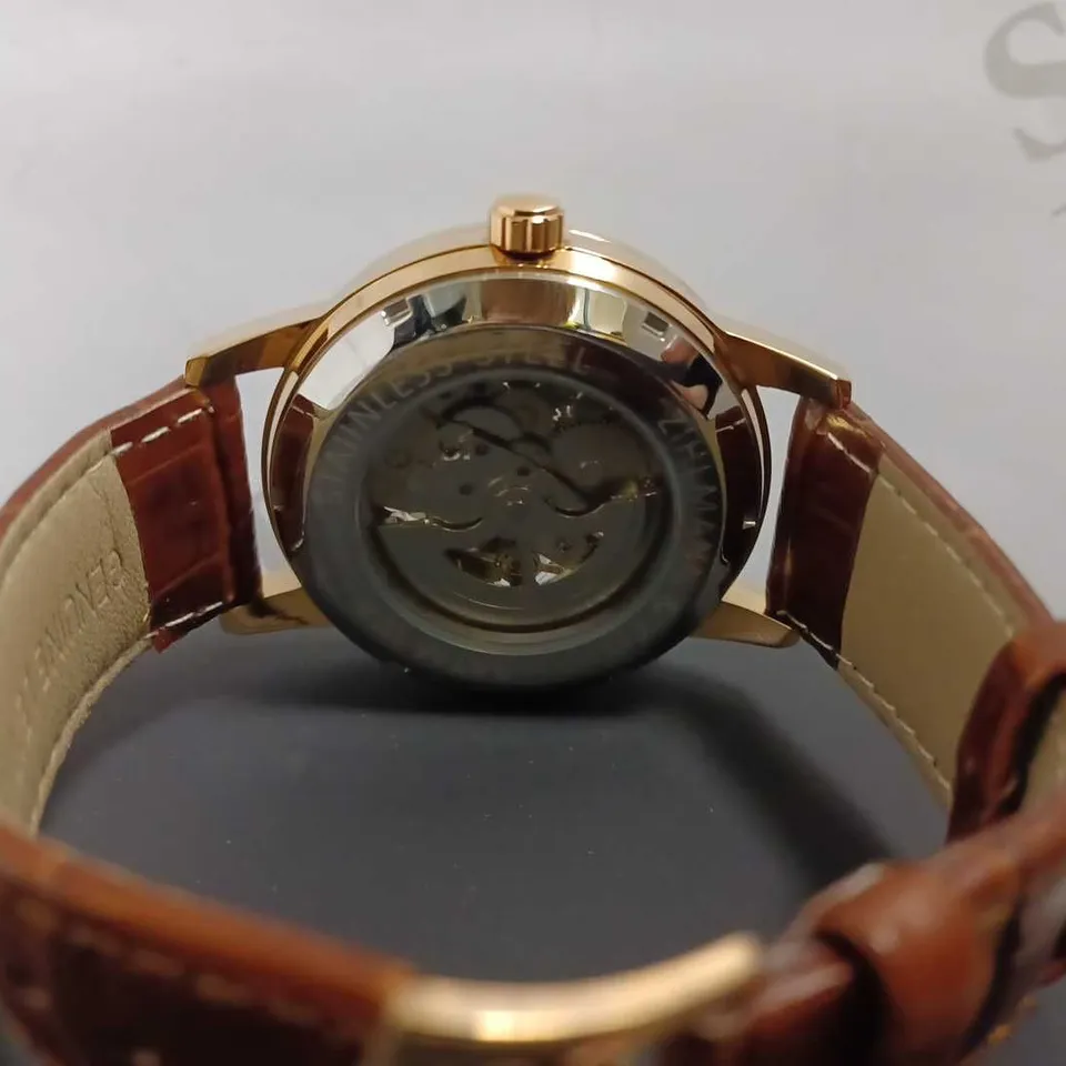 MENS ZIHLMANN & CO AUTOMATIC WATCH - Z210 – SKELETON DIAL – GOLD COLOUR CASE – GENUINE LEATHER CASE – HAND ASSEMBLED 