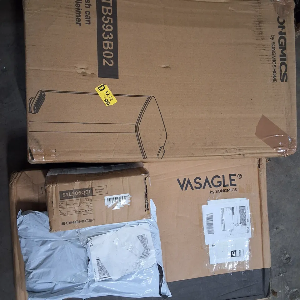 PALLET OF ASSORTED ITEMS TO INCLUDE MULTIPLE BOXED BINS, END TABLE AND DUMBELLS