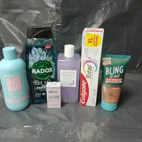 APPROXIMATEY 20 ASSORTED HEALTH AND BEAUTY PRODUCTS TO INCLUDE COLGATE TOOTHPASTE, RADOX FOR MEN SHOWER GEL AND HAIR BURST SHAMPOO