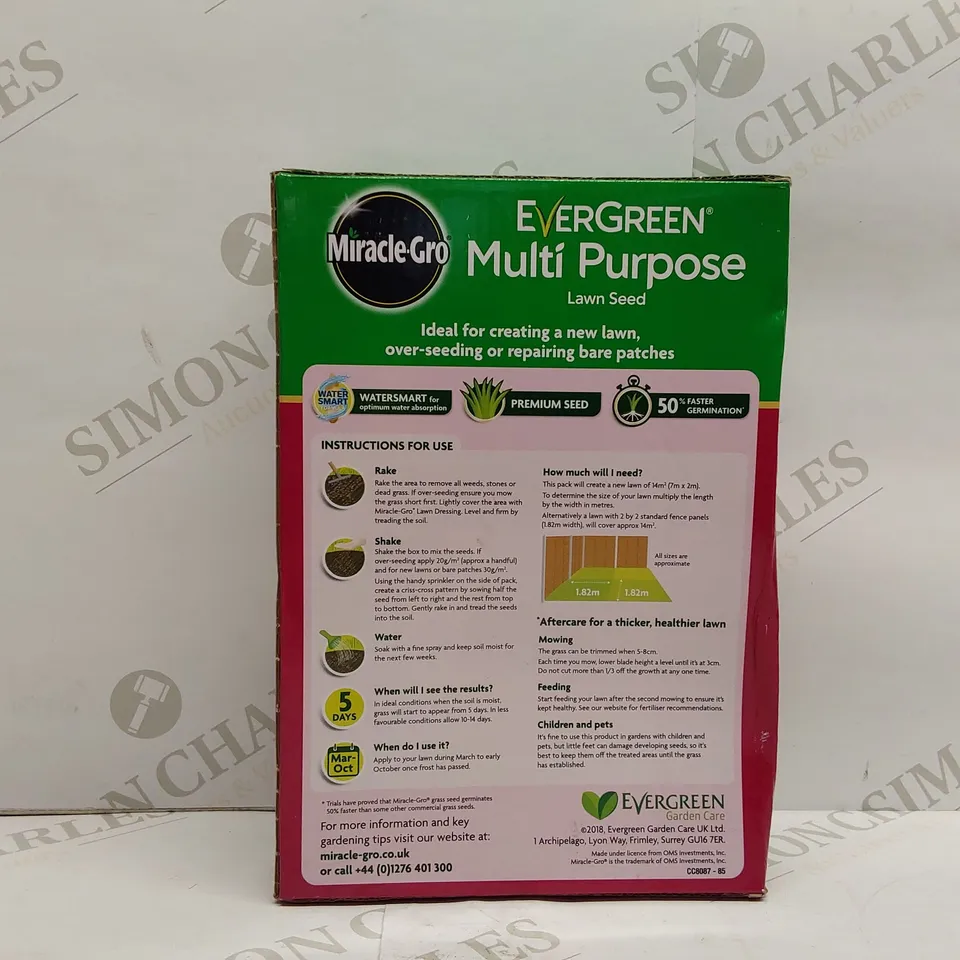 BOX OF 3X BRAND NEW MIRACLE-GROW EVERGREEN MULTI PURPOSE LAWN SEED BOXES