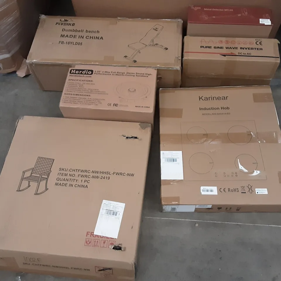 PALLET OF ASSORTED PRODUCTS INCLUDING FLYBIRD DUMBELL BENCH, KARINEAR INDUCTION HOB, DR.OTEK METAL DETECTOR, PURE SINE WAVE INVERTER, HERDIO 2-WAY FULL RANGE IN-WALL/IN-CEILING SPEAKERS, ELEGANT LIFE