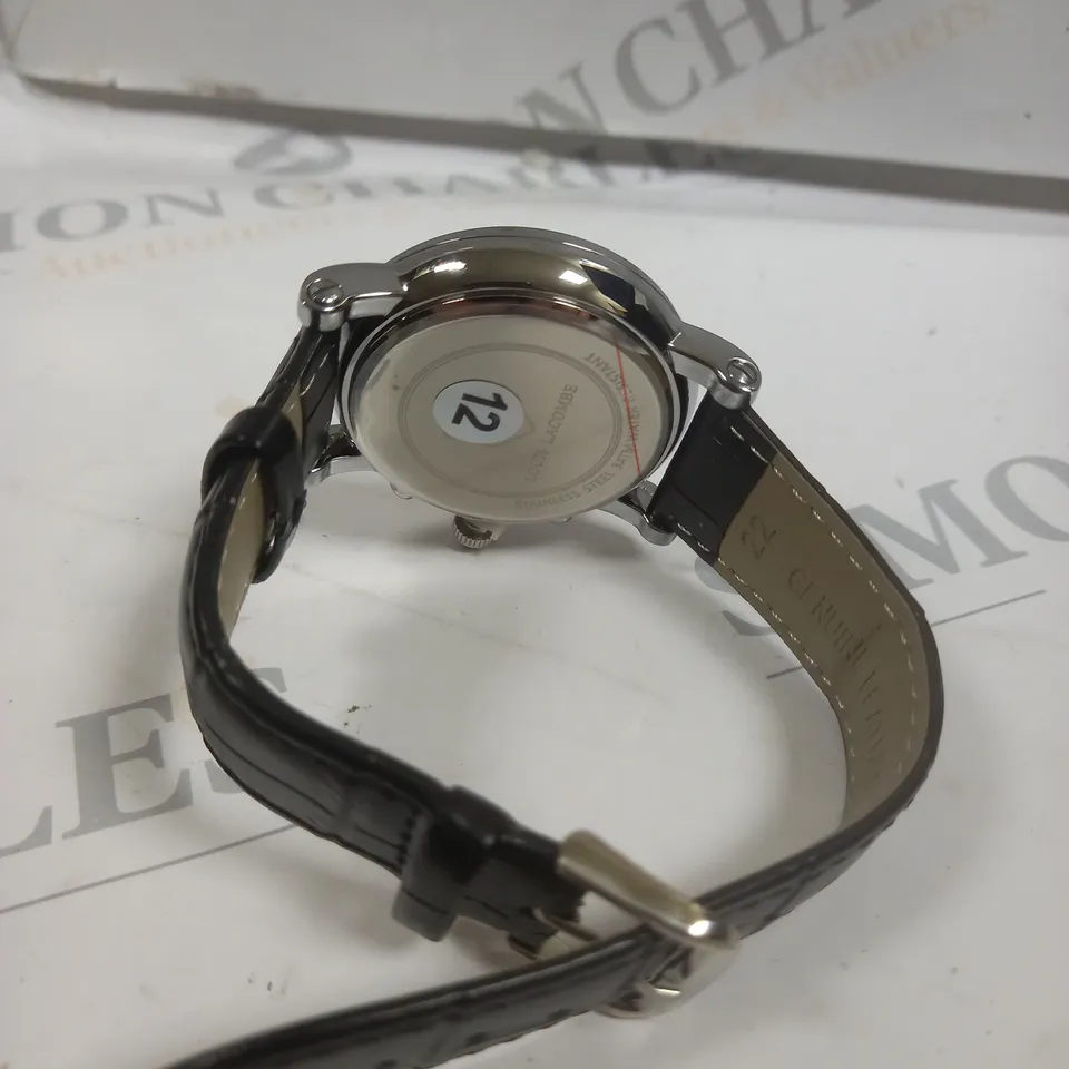 MENS LOUIS LACOMBE CHRONOGRAPH WATCH – MULTI FUNCTION DIAL WITH DATE – ROMAN NUMERAL DIAL – LEATHER STRAP 