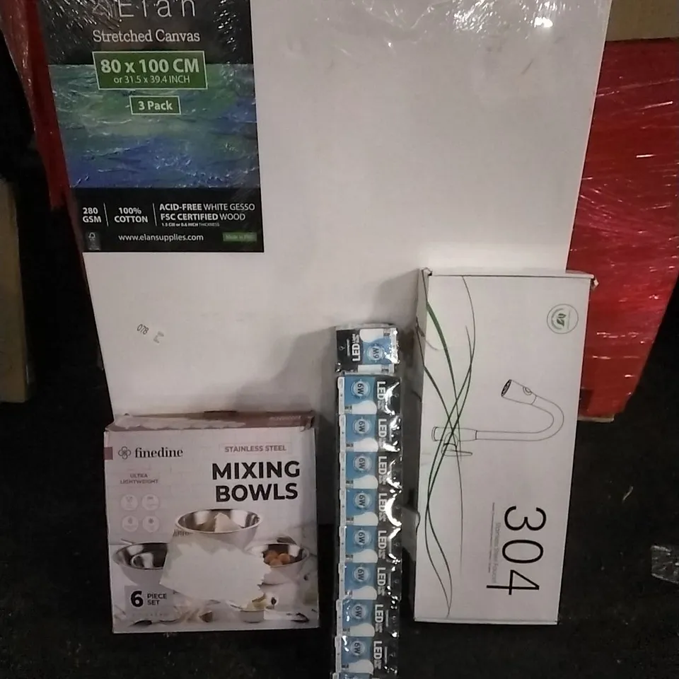 PALLET OF HOUSEHOLD ITEMS TO INCLUDE STRECHED CANVAS, MIXING BOWLS,LED 6W BULBS,STAINLESS STEEL FAUCET AND OTHER ASSORTED ITEMS...