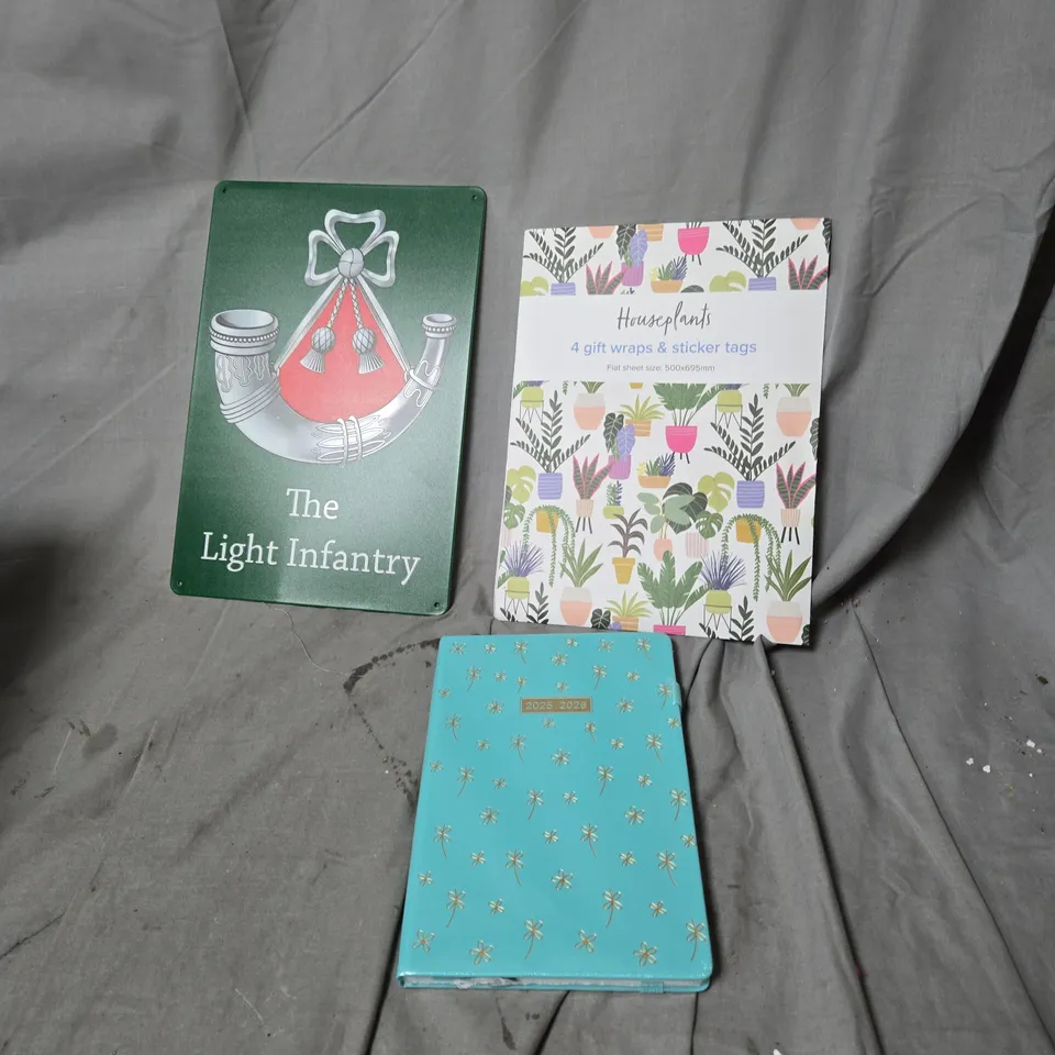 BOX OF APPROXIMATELY 15 ASSORTED HOUSEHOLD ITEMS ICLUDING LIGHT INFANTRY SIGN GIFT WRAP TAGS AND 2025/26 DIARY 