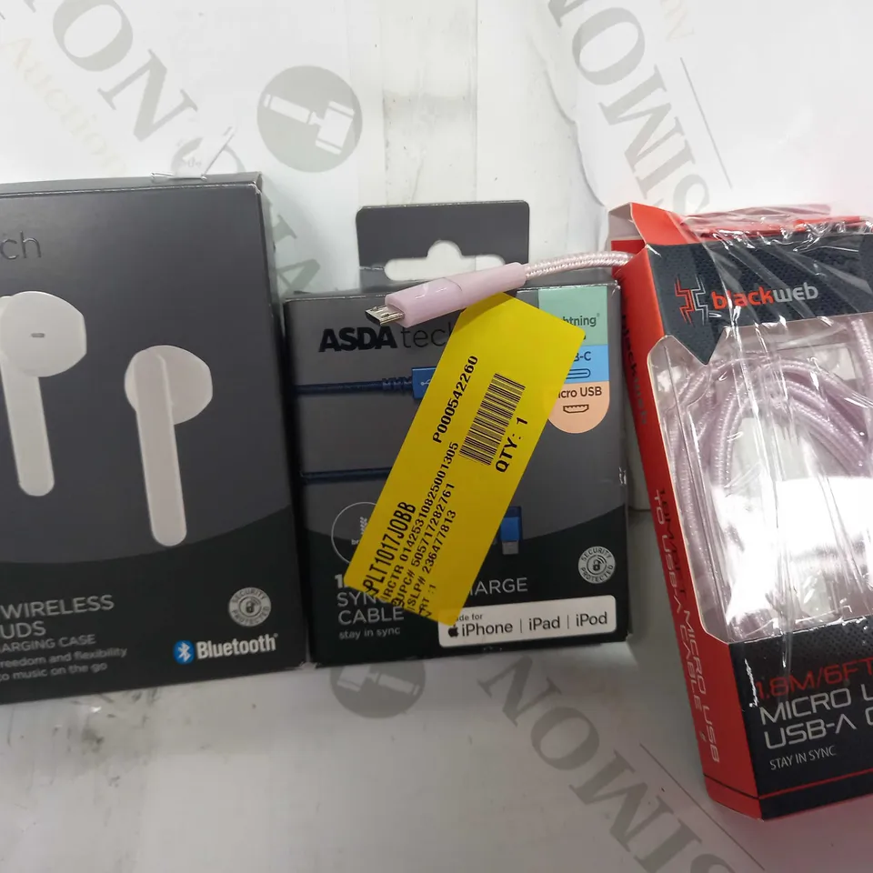 LOT OF APPROXIMATELY 10 ASSORTED HOUSEHOLD ITEMS TO INCLUDE ASDA TECH TRUE WIRELESS EARBUDS, ASDA TECH SYNC AND CHARGE CABLE, BLACKWEB MICRO USB TO USB-A CABLE, ETC