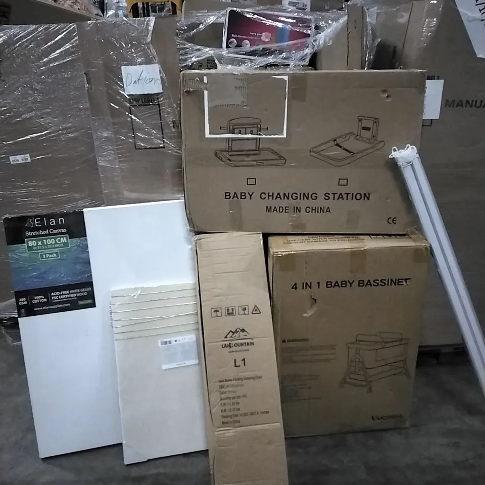 PALLET CONTAINING VARIOUS ASSORTED ITEMS TO INCLUDE:BLANK CANVASSES FOLDING CAMPING CHAIR, 4 IN 1 BABY BASSINET, BABY CHANGING STATION, ETC.