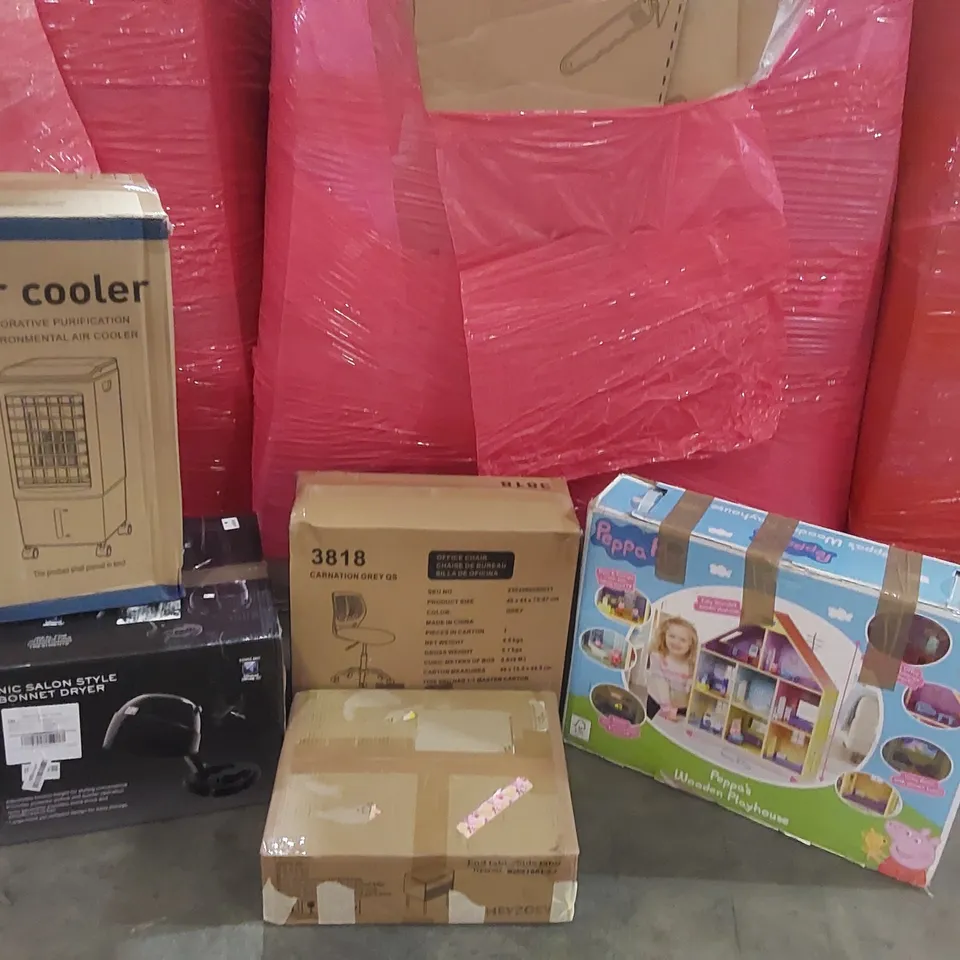 PALLET CONTAINING ASSORTED CONSUMER PRODUCTS TO INCLUDE: OFFICE CHAIR, SALON BONNET DRYER, PEPPA PIG PLAYHOUSE, AIR COOLER, BEDSIDE TABLE ECT