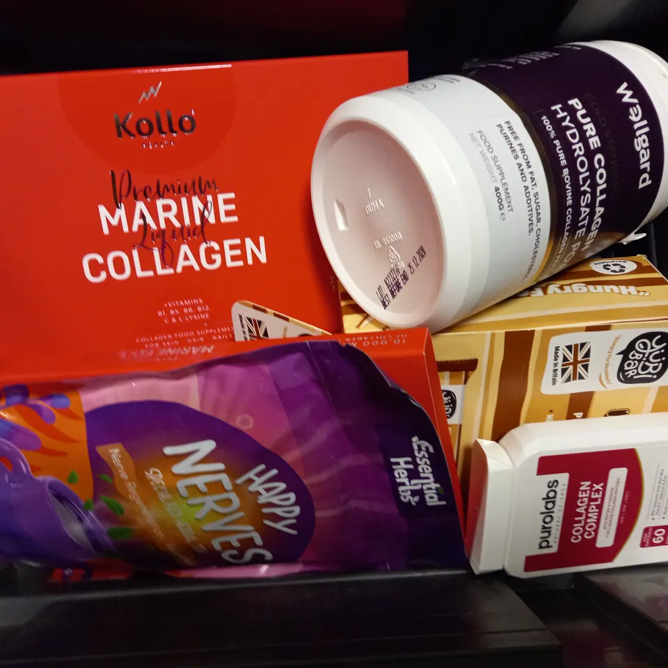 TOTE OF APPROX 8 ASSORTED FOOD ITEMS TO INCLUDE -  HAPPY NERVES , PUROLABS COLLAGEN COMPLEX , WELLGARD PURE COLLAGEN ETC