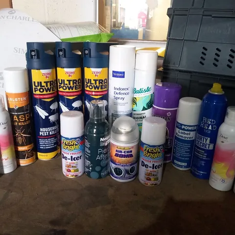 APPROXIMATELY 16 ASSORTED AEROSOL SPRAYS TO INNCLUDE; DOVE, BEDHEAD, VIRBAC, KARLSTEN, SILVERHOOK AND BATISTE