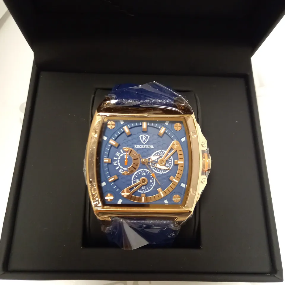 RUCKSTUHL AUTOMATIC BLUE LEATHER STRAP WRISTWATCH