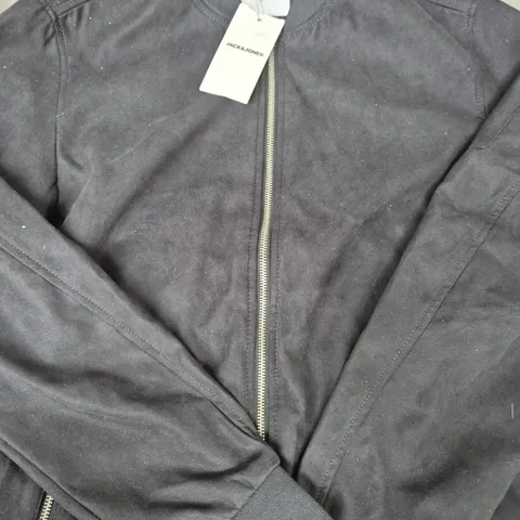 JACK & JONES FAUX SUEDE ZIP-UP BOMBER JACKET IN BLACK SIZE LARGE