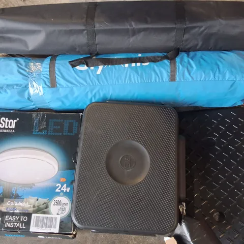 PALLET OF ASSORTED HOUSEHOLD ITEMS TO INCLUDE CEILING FAN LIGHT, DARTBOARD STAND AND CURB RAMP