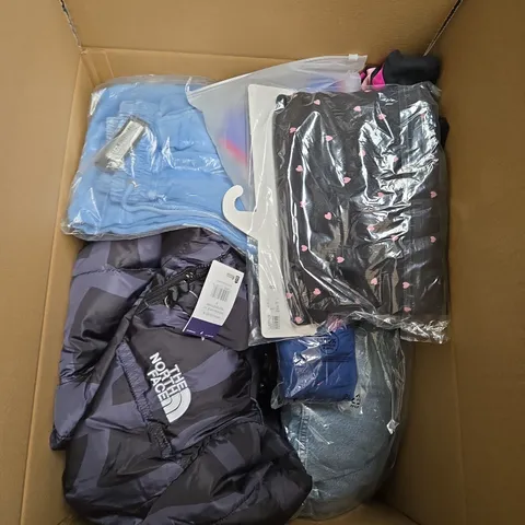 LARGE BOX OF ASSORTED CLOTHING ITEMS IN VARIOUS SIZES, STYLES AND COLOUR 