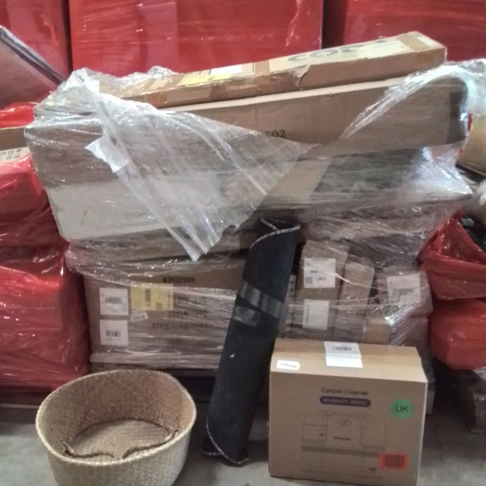 PALLET OF ASSORTED HOUSEHOLD GOODS AND PRODUCTS TO INCLUDE;CARPET CLEANER,AREA RUG,GIFT BASKET 