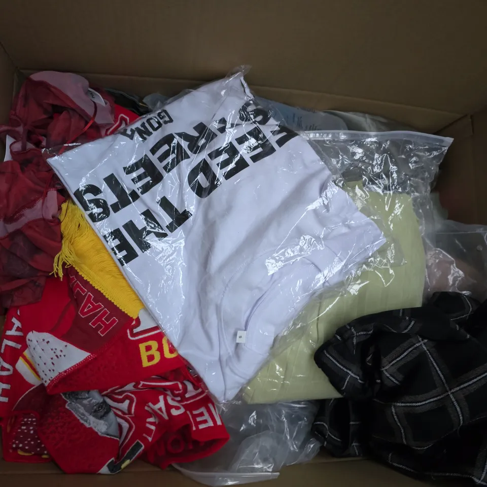 APPROXIMATELY 35 ASSORTED CLOTHING ITEMS IN VARIOUS SIZES, STYLES & COLOURS TO INCLUDE CAPS, FOOTBALL SCARFS, TROUSERS, ETC - COLLECTION ONLY