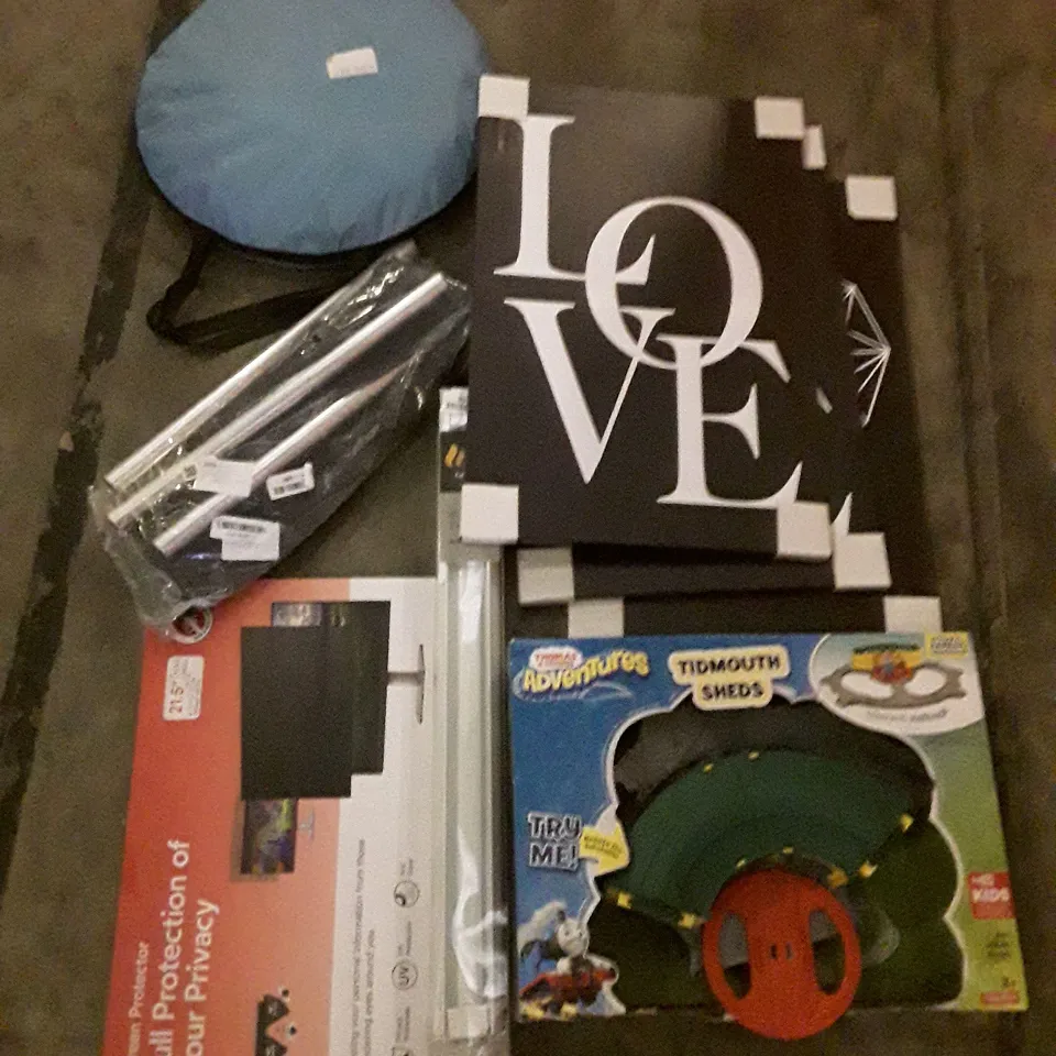 PALLET OF ASSORTED PRODUCTS INCLUDING PRIVACY SCREEN PROTECTOR, POP UP TENT, CANOE PADEL, FRAMED CANVAS WALL ART, THOMAS & FRIENDS TOY, DAY AND NIGHT ROLLER BLIND 