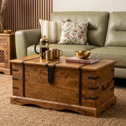 BOXED THREE POSTS HAMDAN SOLID WOOD BLOCK COFFEE TABLE WITH STORAGE
