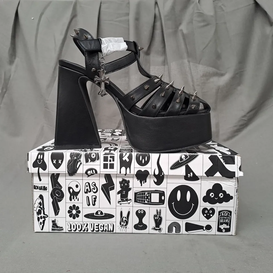 BOXED PAIR OF KOI VEGAN ANGEL MIST PLATFORM HEELS IN BLACK UK SIZE 6