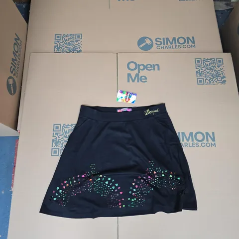 DESIGUAL WOMEN'S SKIRT – BLACK WITH MULTICOLOUR HEM PRINT, UK SIZE XXL