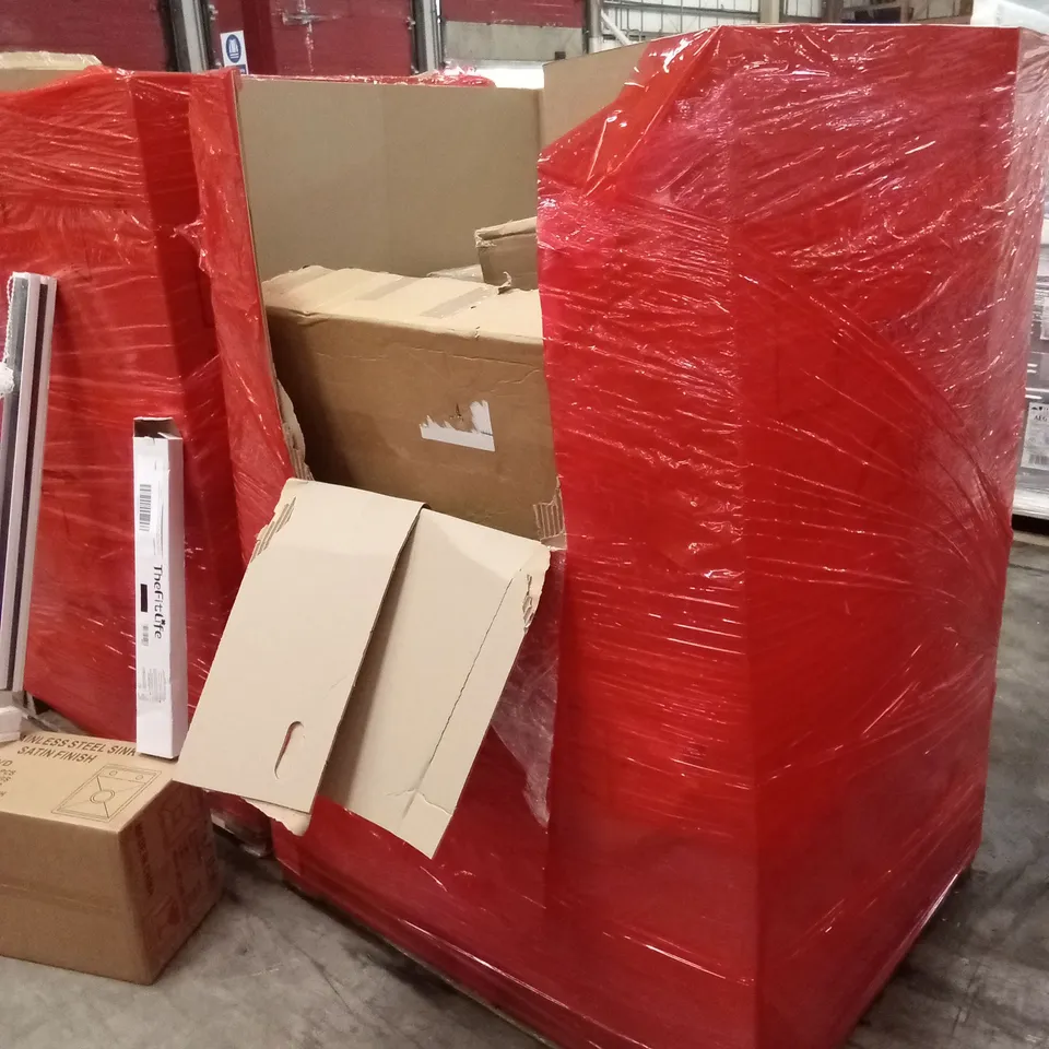 PALLET OF ASSORTED HOUSEHOLD GOODS AND PRODUCTS TO INCLUDE; STAINLESS STEEL SINK, PULL-UP BAR, BLINDS ETC