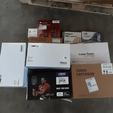 PALLET OF ASSORTED PRODUCTS TO INCLUDE KINGJET INK CARTRIDGE, LEMERO 203X TONER CARTRIDGE, POOLPURE FILTER CARTRIDGE, MYCARTRIDGE TONER CARTRIDGE, TONER KINGDOM INK CARTRIDGE, STAR INK INK CARTRIDGE