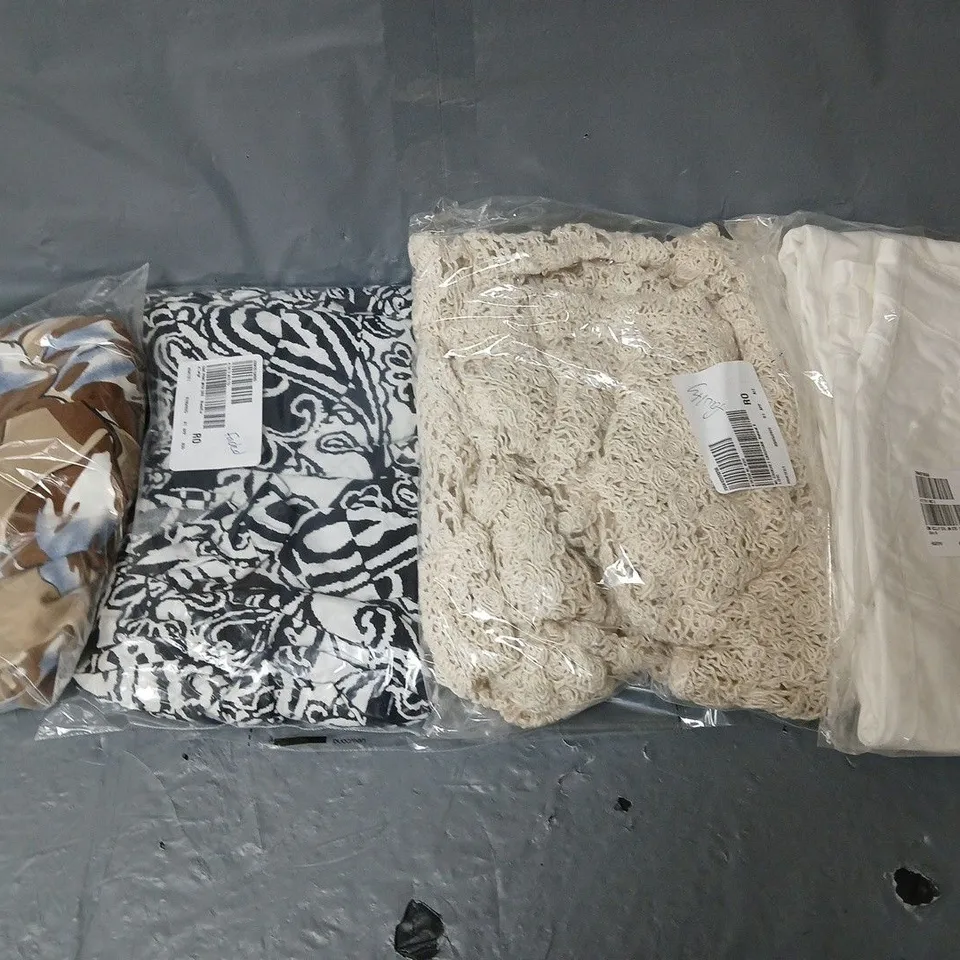 BOX OF APPROXIMATELY 8 ASSORTED BAGGED PIECES OF CLOTHING IN VARIOUS STYLES, SIZES, AND BRANDS 