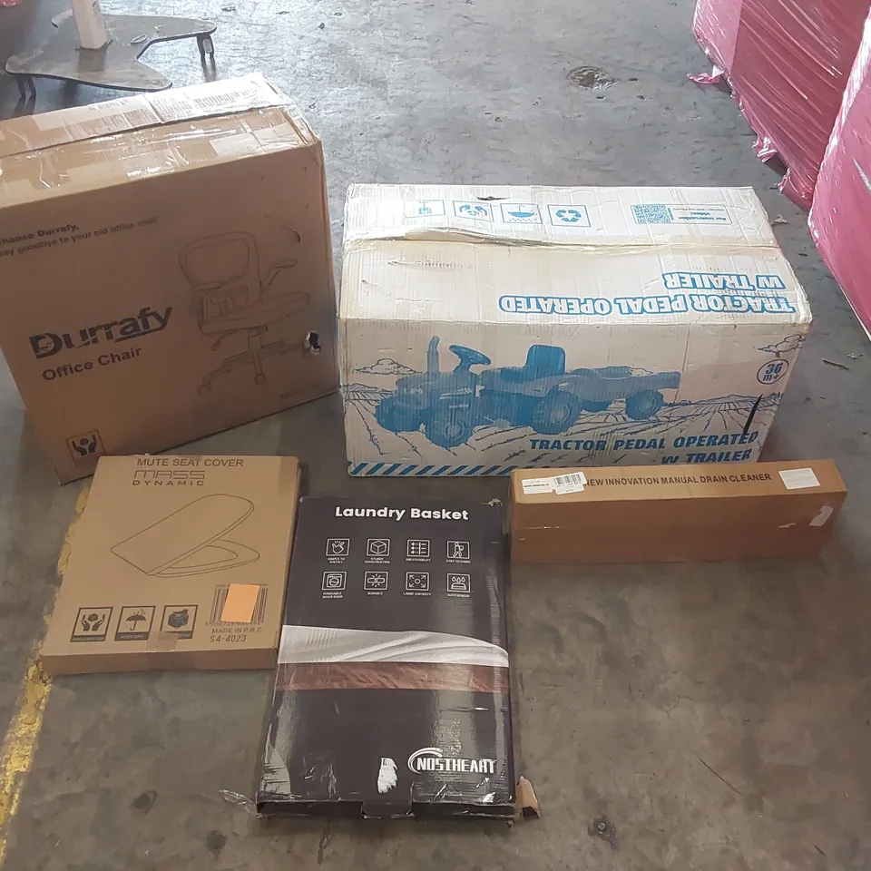 PALLET OF ASSORTED ITEMS INCLUDING: OFFICE CHAIR, PEDAL OPERATED TRACTOR, LAUNDRY BASKET, MANUAL DRAIN CLEANER, TOILET SEAT COVERS ECT