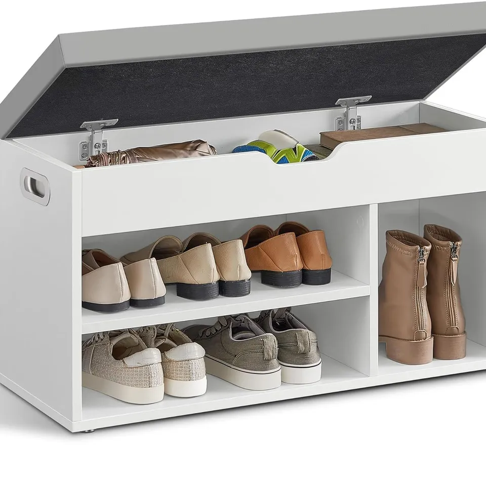 BOXED VASAGLE SHOE BENCH WITH CUSHION, STORAGE BENCH WITH PADDED SEAT, 3 COMPARTMENTS, HIDDEN STORAGE, SHELVES, LOAD CAPACITY 150 KG - CLOUD WHITE
