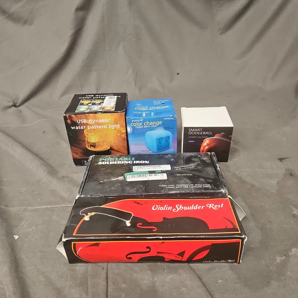 APPROXIMATELY 15 ASSORTED ITEMS TO INCLUDE VIOLIN SHOULDER REST, SOLDERING IRON, WATER PATTERN LIGHT, DIGITAL ALARM CLOCK, SMART DODGEBALL ETC