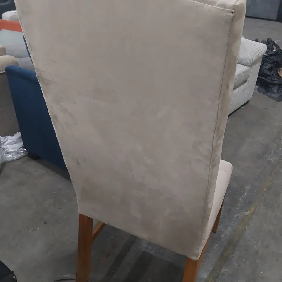 DESIGNER UPHOLSTERED HIGH BACKED DINING CHAIR FAWN PLUS FABRIC