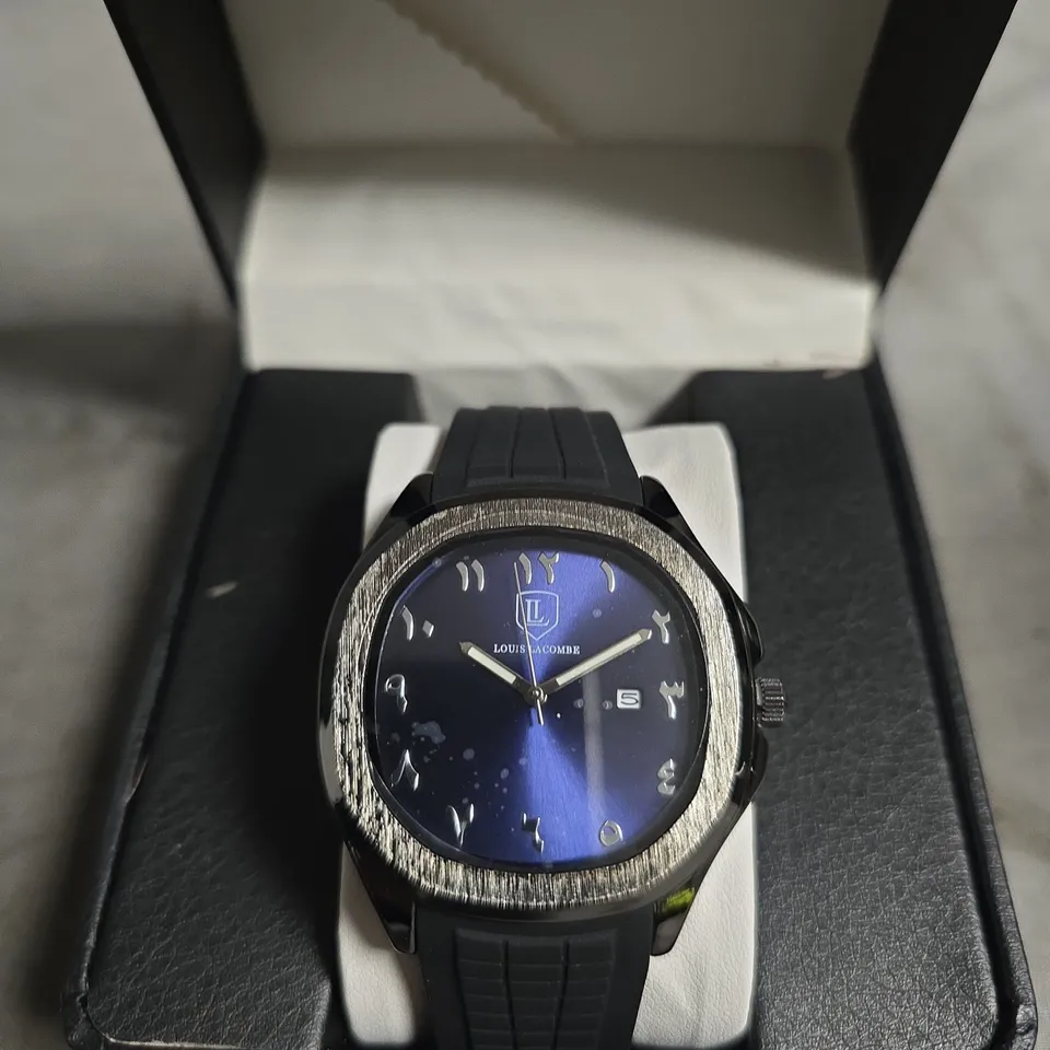 BOXED LOUIS LACOMBE WATCH – BLUE DIAL, BLACK RUBBER STRAP