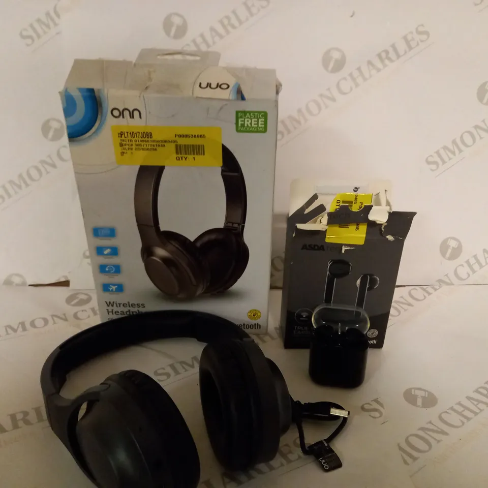 BOX OF 2 ITEMS INCLUDING ONN WIRELESS HEADPHONES AND ASDATECH WIRELESS EARBUDS - BLACK