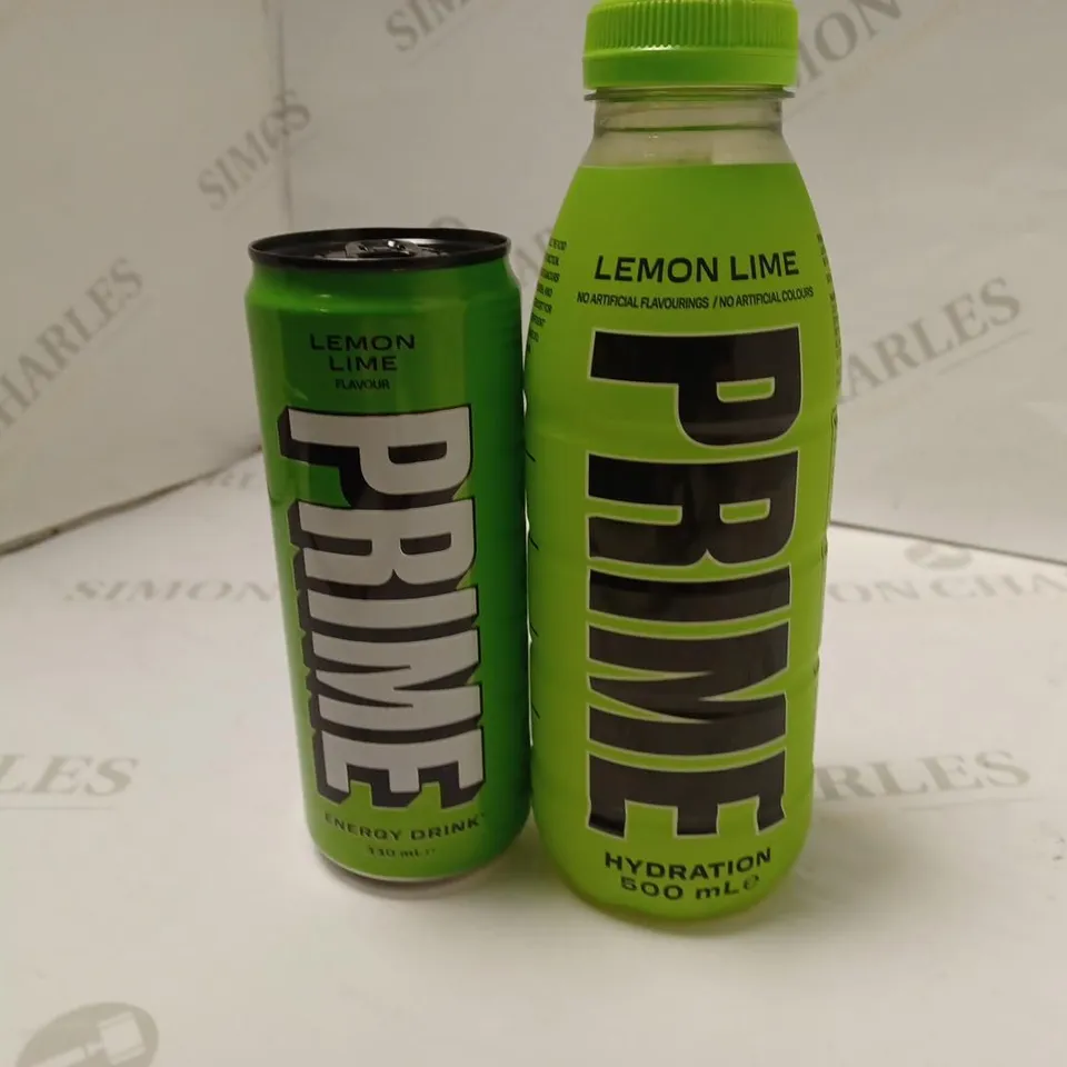 LOT OF 2 LEMON LIME PRIME DRINKS TO INCLUDE 1 PRIME HYDRATIO DRINK (500ml) & 1 PRIME ENERGY CAN (330ml)