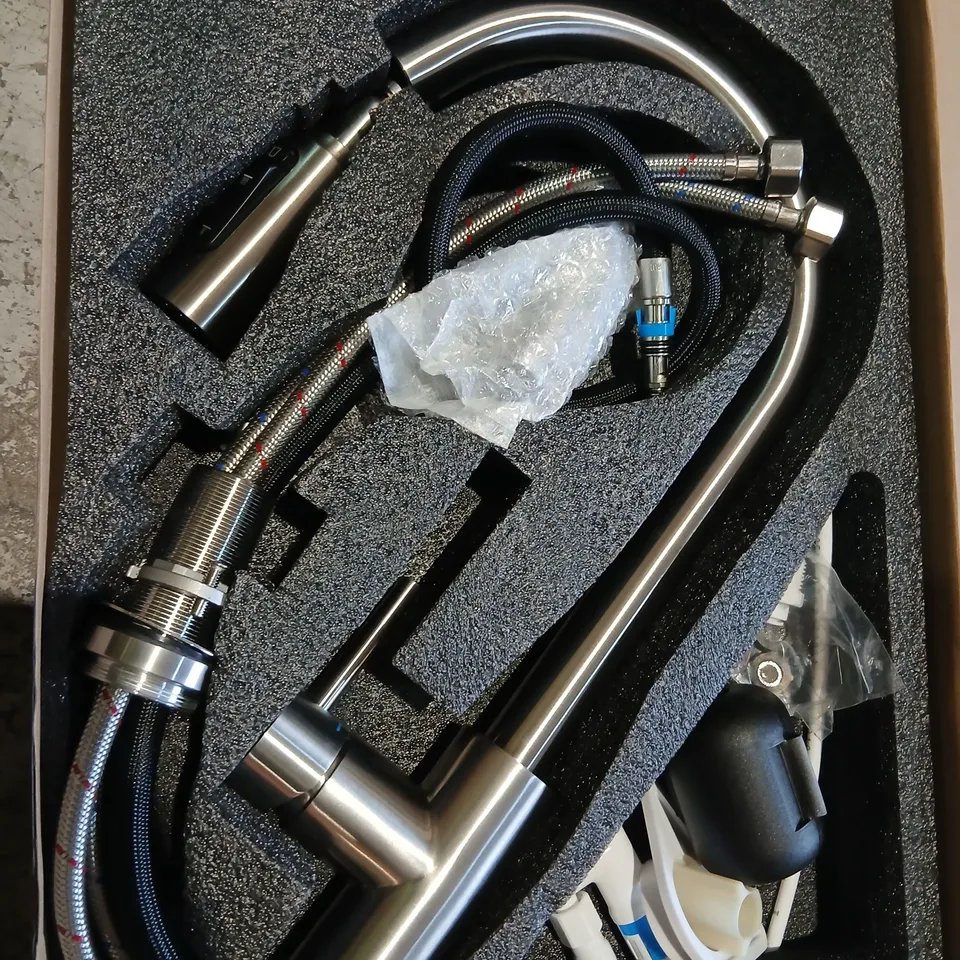 CREA BRUSHED STAINLESS STEEL KITCHEN FAUCET WITH GOOSENECK SPOUT AND PULL-DOWN SPRAY – BOXED 