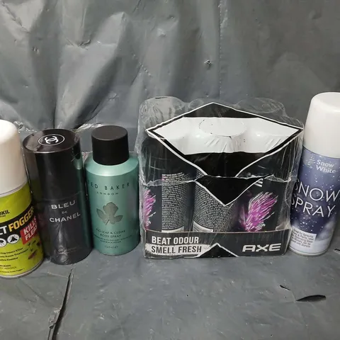 APPROXIMATELY 15 ASSORTED AEROSOLS TO INCLUDE CHANEL BLEU DE CHANEL DEODORANT, SNOW SPRAY, INSECT FOGGER+, ETC - COLLECTION ONLY