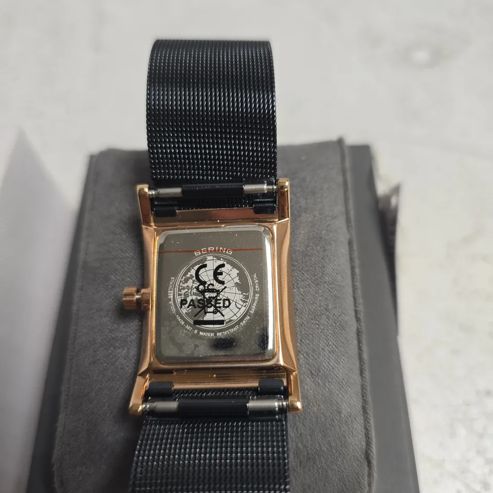 BERING RECTANGULAR ROSE GOLD-TONE WATCH WITH NAVY MESH STRAP