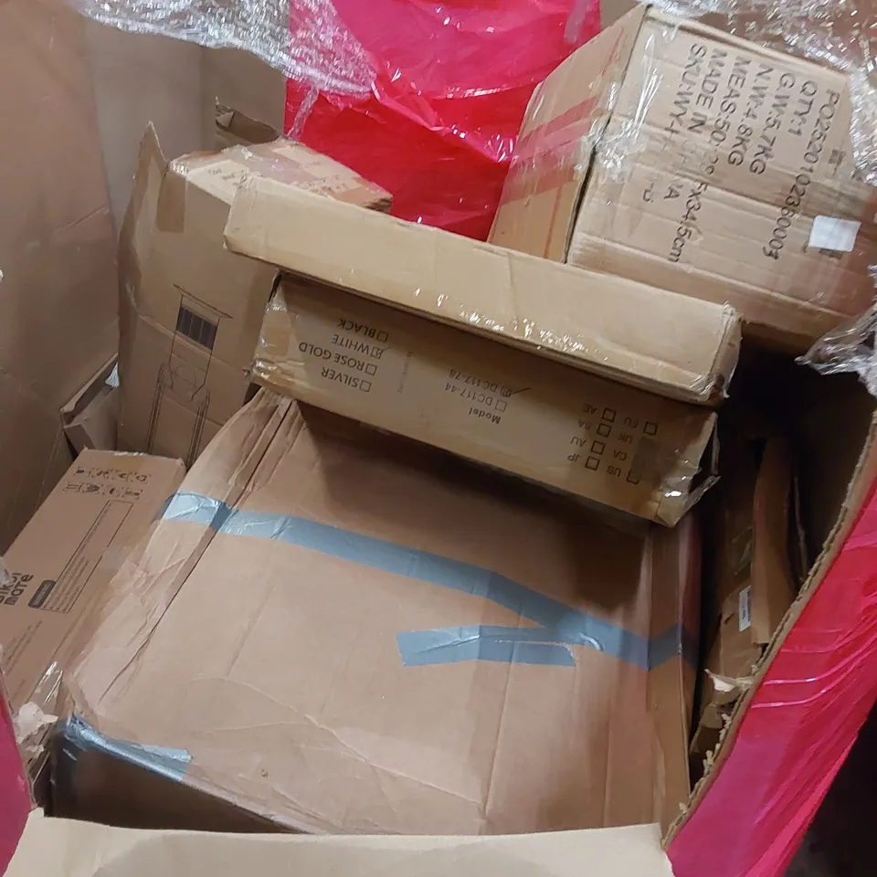 PALLET OF ASSORTED HOUSEHOLD ITEMS AND CONSUMER PRODUCTS. INCLUDES; ROTARY DEHUMIDIFIER, DOUBLE BURNER STOVE, BLADELESS HEATER FAN, BOXED FURNITURE ETC 