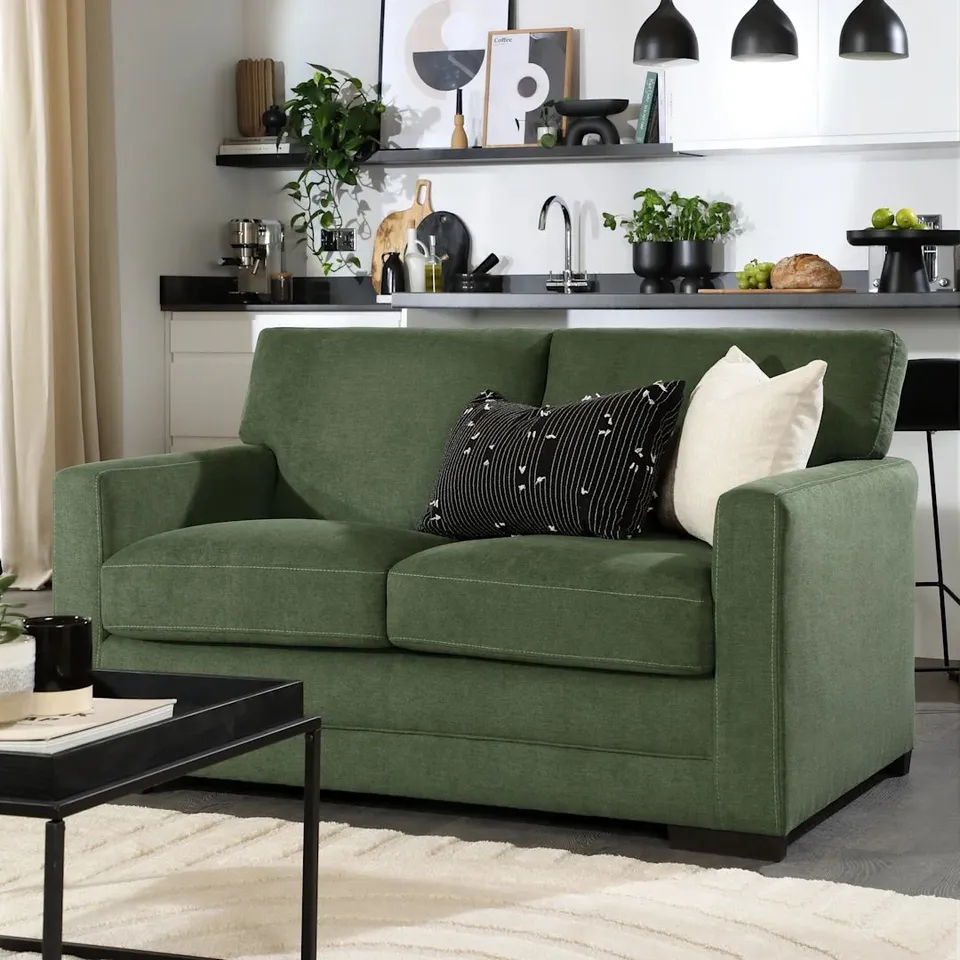 BOXED ARDEN 2 SEATER SOFA, MOSS GREEN HOUSE PLUSH FABRIC